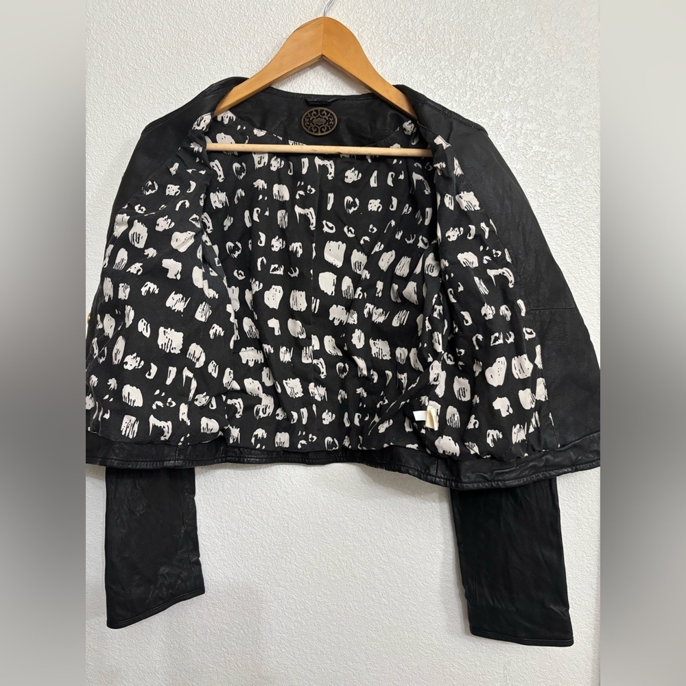 Anthropologie Idra Black Leather Moto Jacket Gold Zip Cropped Biker Edgy Chic - Picture 5 of 14